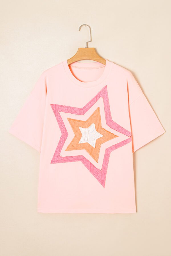 Light Pink Eyelet Lace Star Applique Plus Size T Shirt