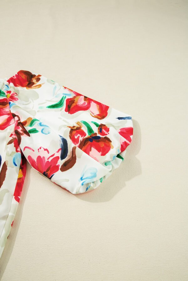 White Floral Print Puffy Half Sleeve Blouse