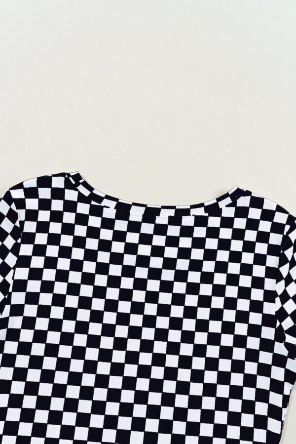 Black Checkered Ribbed Slim Fit Crew Neck T Shirt