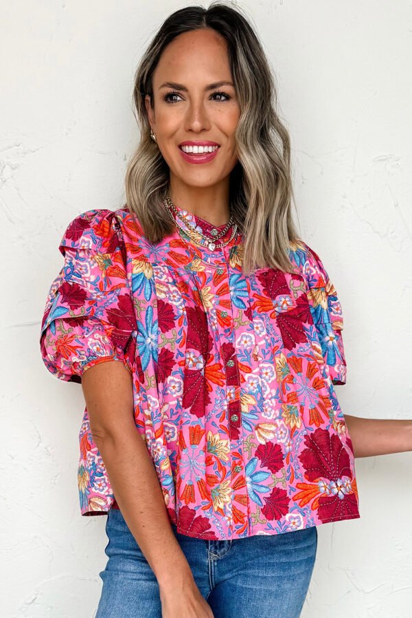 Pink Floral Print Bubble Sleeve Button Up Pleated Shirt