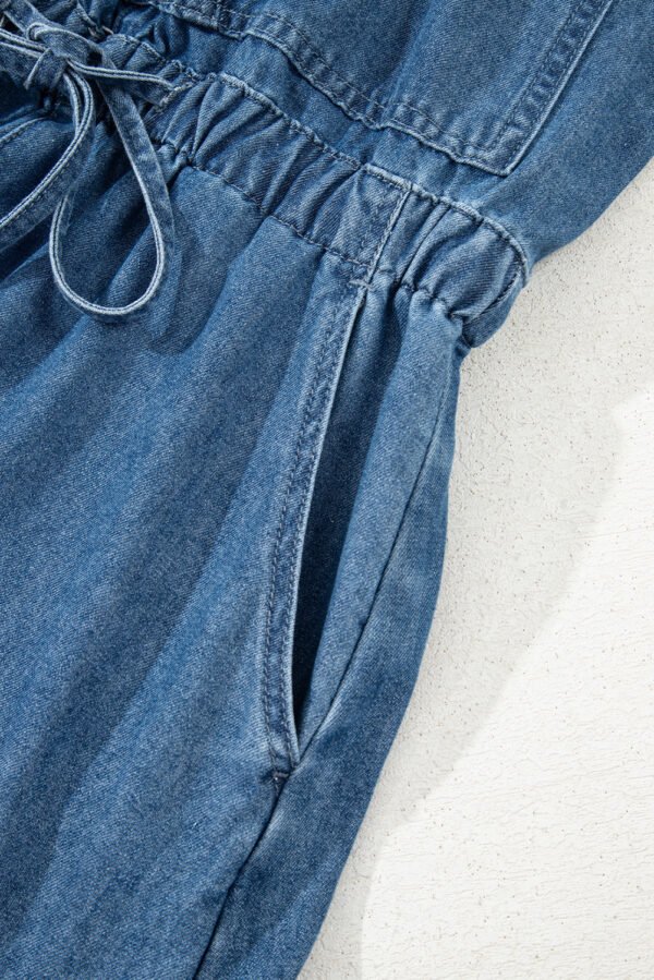 Sky Blue Buckle Straps Bib Style Tied Backless Flared Denim Overall