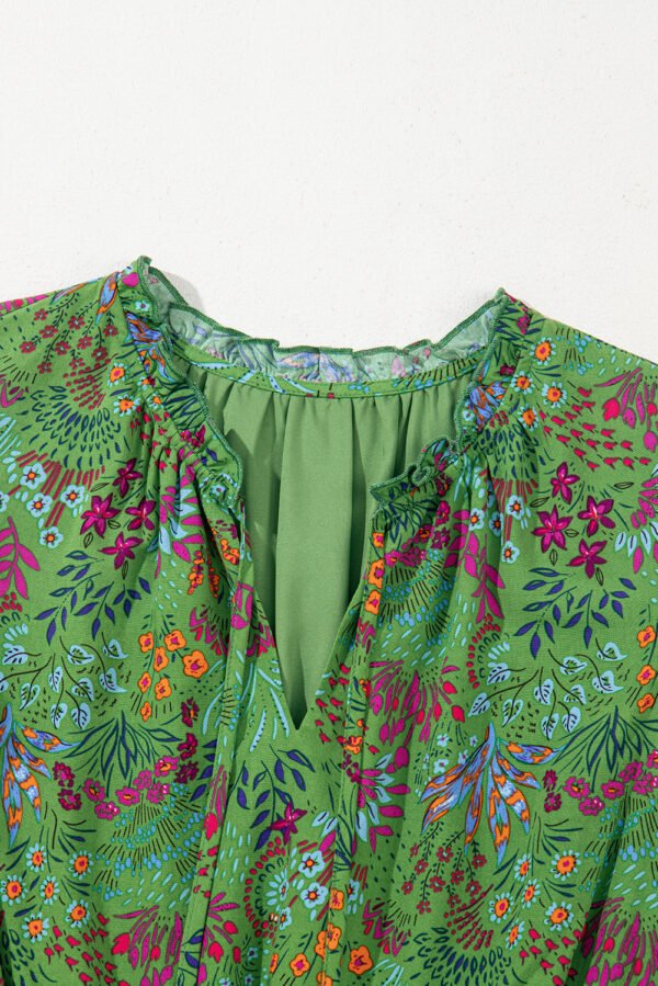 Green Floral Tie Split Neck Frilly Ruffle Trim Tiered Short Dress