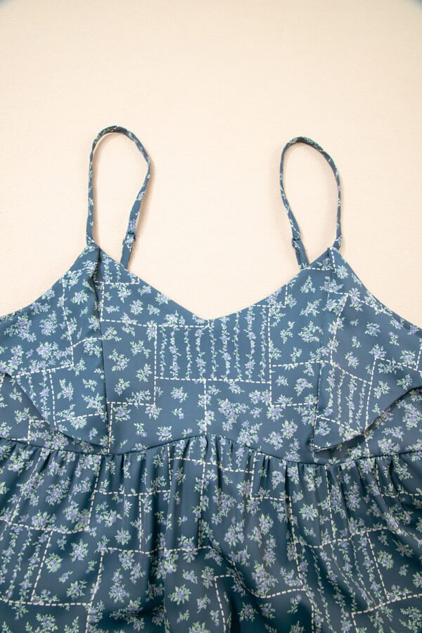 Blue Spaghetti Straps Floral Print Knot Detail High Waist Flared Dress
