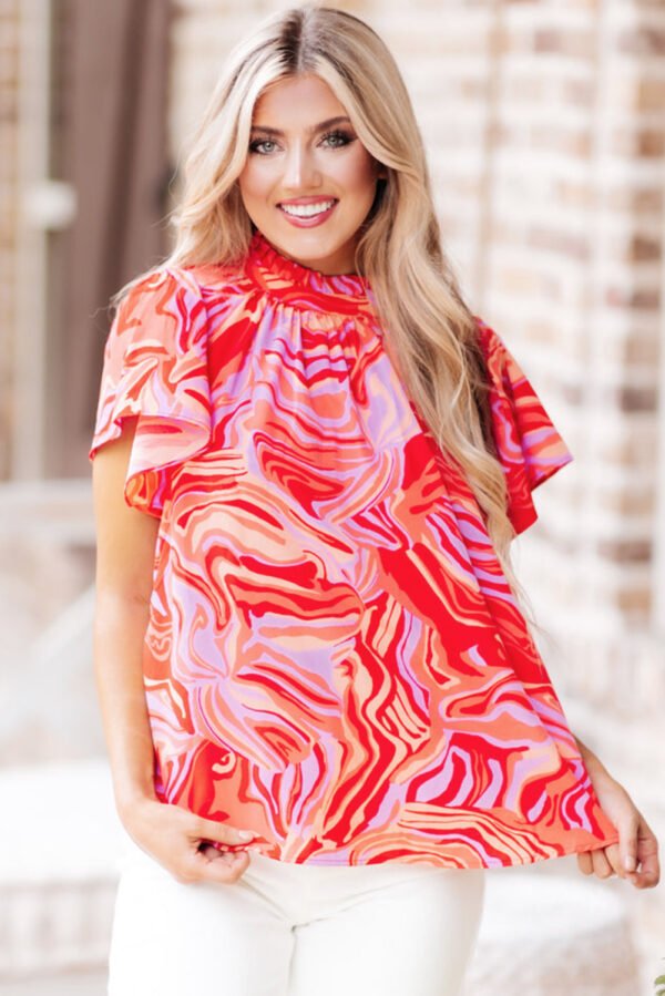 Red Abstract Print Ruffled Short Sleeve Mock Neck Blouse