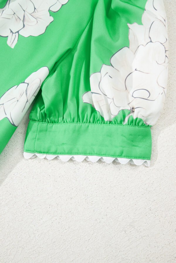 Green Floral Ric Rac Edge Puff Sleeve Button Up Summer Shirt