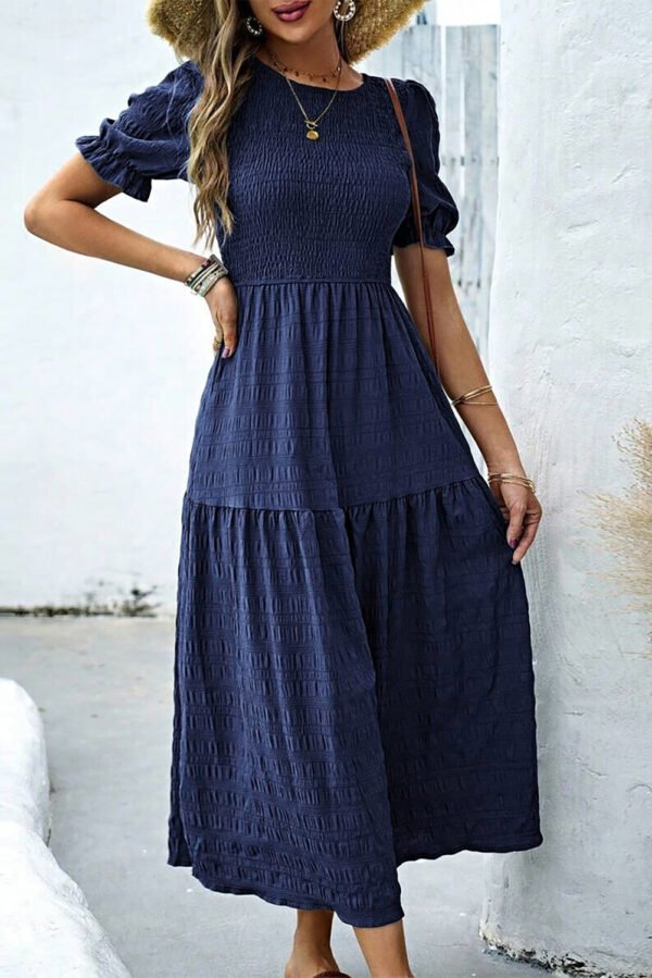 Sail Blue Solid Textured Smocked Puff Short Sleeve High Waist Long Dress