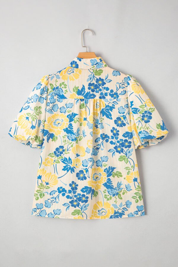 Blue Floral Striped Mixed Print Puff Short Sleeve Blouse