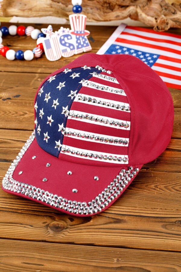Fiery Red American Flag Rhinestone Decor Baseball Cap
