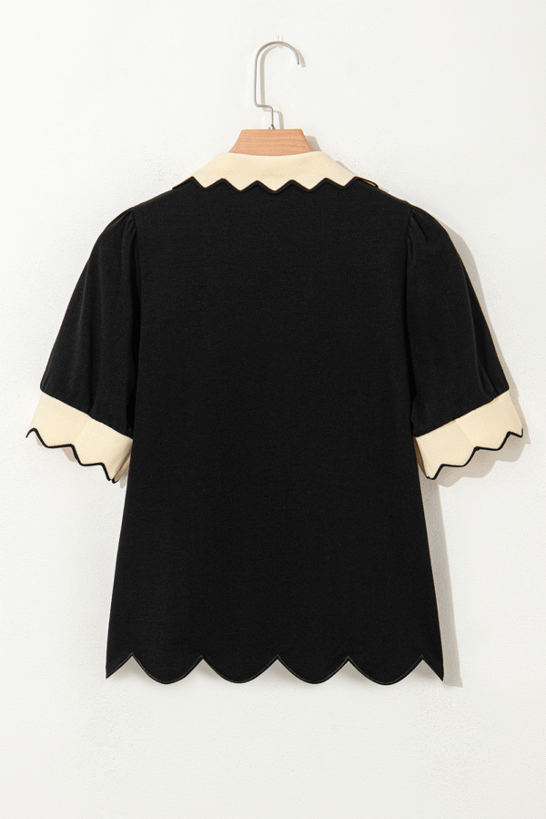 Black Contrast Scalloped Collar Cuffs Rodeo Patched Graphic Short Sleeve Top