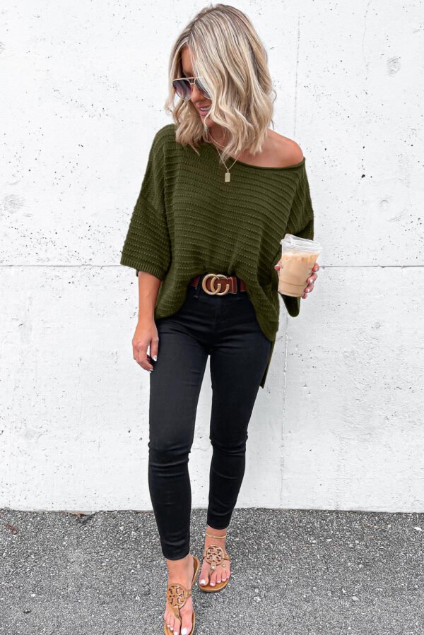 Green Textured Knit Drop Shoulder Short Sleeve Sweater