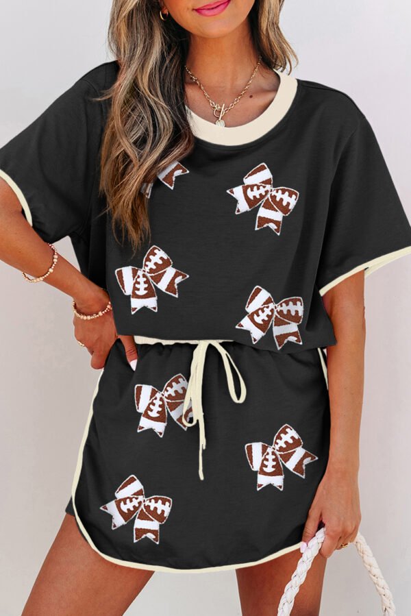 Black Sequin Rugby Football Bow Patched Colorblock Edge Tee and Skort Set
