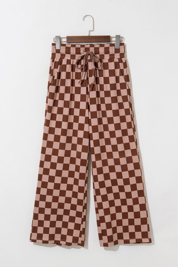 Khaki Checkered Elastic High Waist Loose Casual Pants