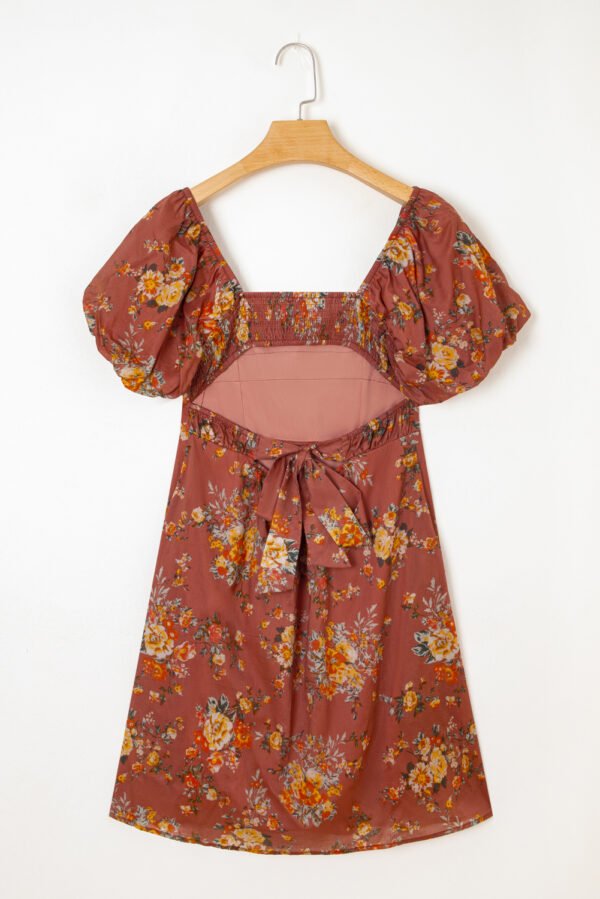 Red Floral Puff Sleeve Square Neck Knot Open Back Mini Dress