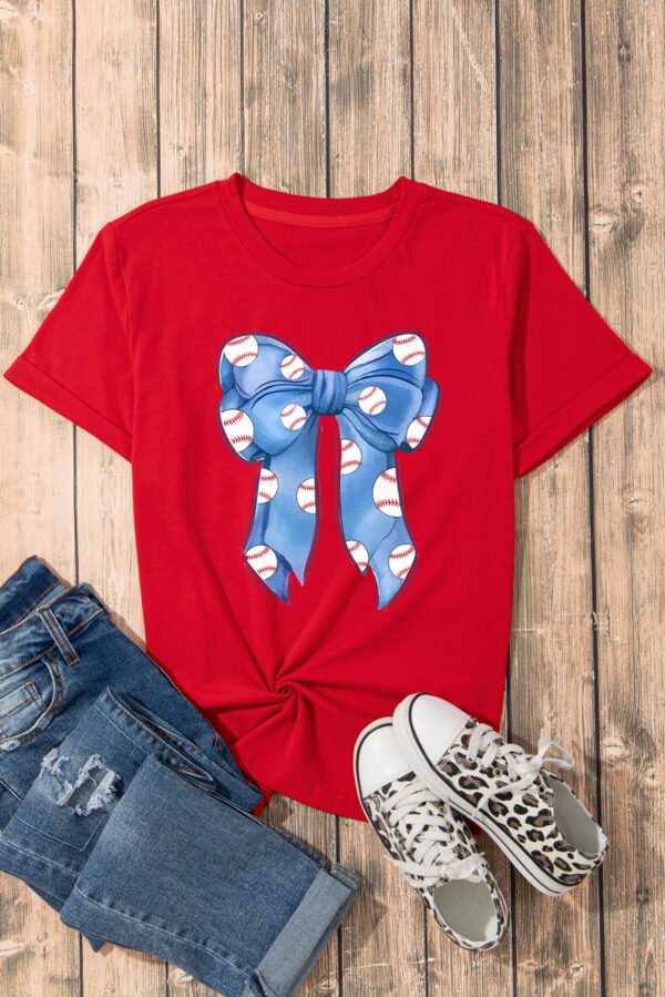 Red Rugby Bowknot Graphic Crew Neck Tee