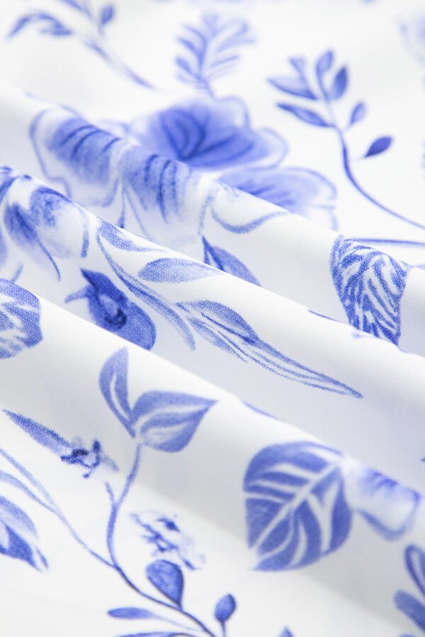 Blue Elegant Floral Print Ricrac Trim Short Sleeve Blouse