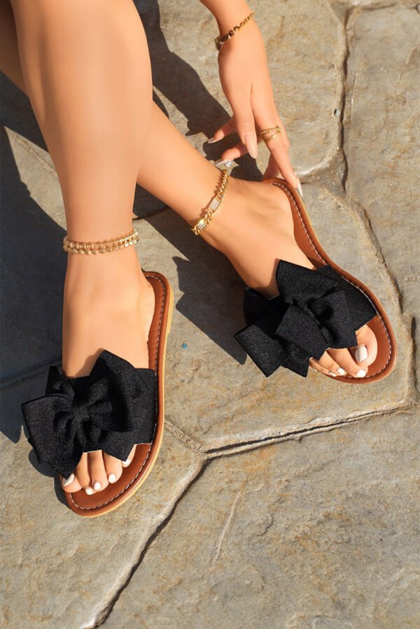 Black Bow Knot Decor PU Leather Insole Flat Slippers
