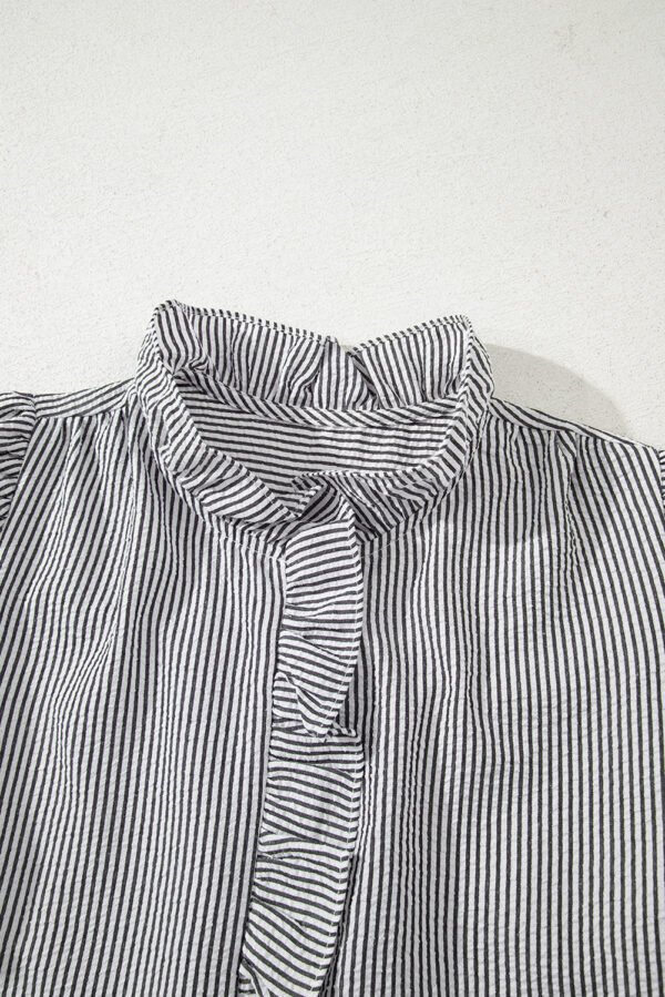 Black Striped Ruffle Short Bubble Sleeve Shirt