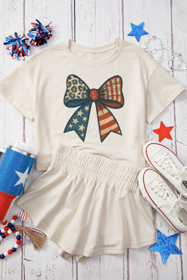 Beige Leopard Flag Day Bow Print Loose Tee High Waist Skort Set