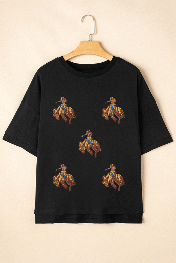 Black Western Horse Patched Crew Neck Graphic T Shirt