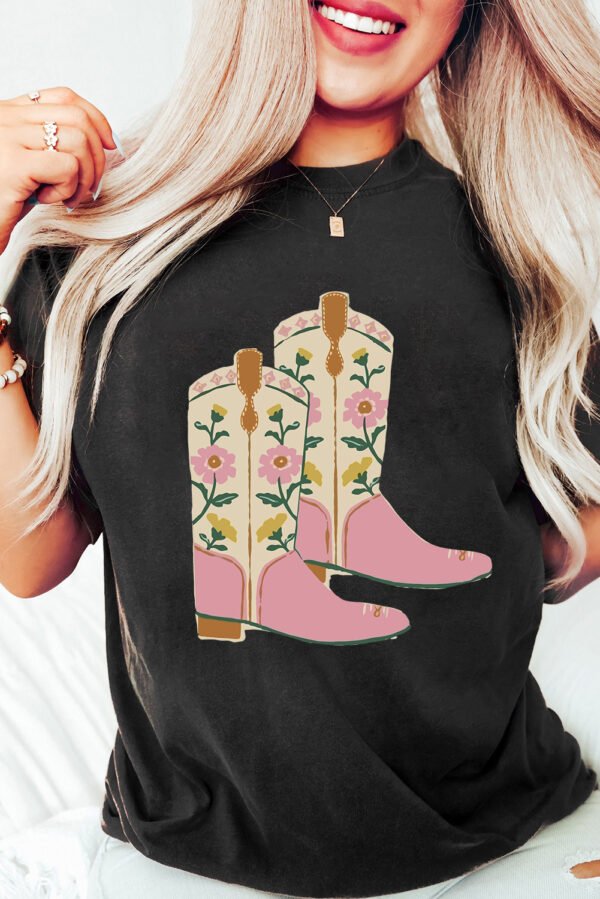 Black Floral Cowgirl Boots Cotton Blend T Shirt