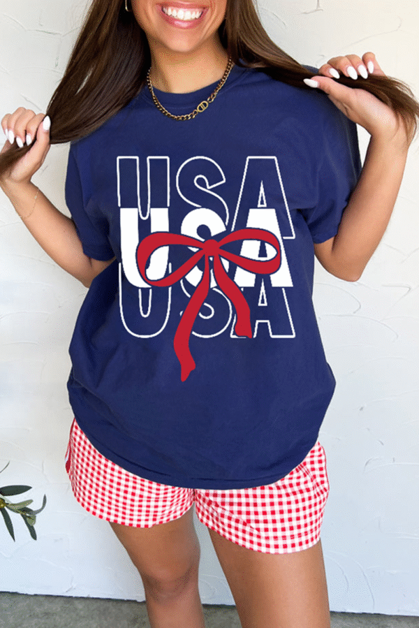 Blue USA Bow Printed Casual Cotton Blend T Shirt