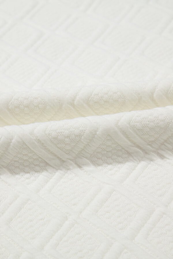 White Textured Jacquard Colorblock Edge Puff Sleeve Quarter Zip Mini Dress