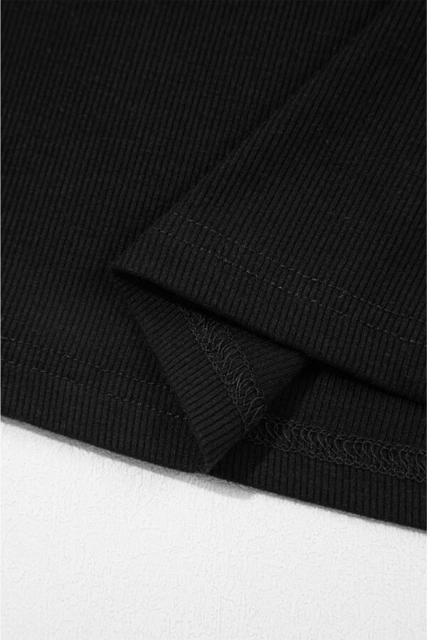 Black Ribbed Patchwork Puff Sleeve Half Button Placket Slim Fit Top
