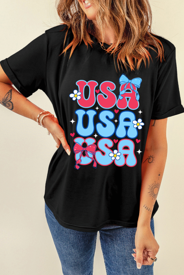 Black July 4th Cute Flower Bow USA Letter Graphic Tee