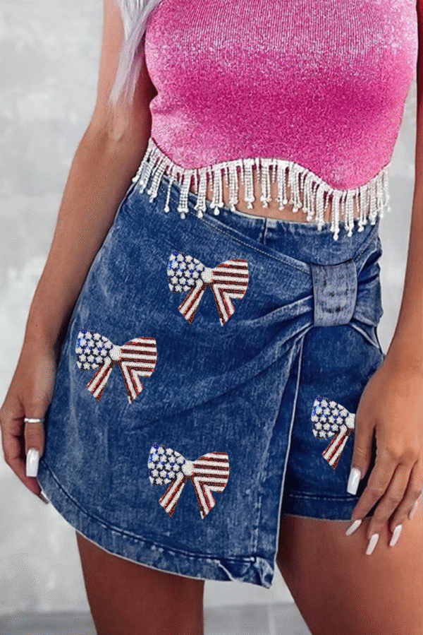 Sail Blue High Waist USA Flag Inspire Bow Patched Twisted Denim Skort
