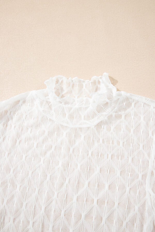 Beige Sheer Mesh Patterned Lettuce Trim Slim Long Sleeve Top