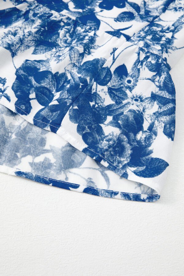 Blue Floral Ruffle Strap Square Neck Smocked Bodice Midi Dress
