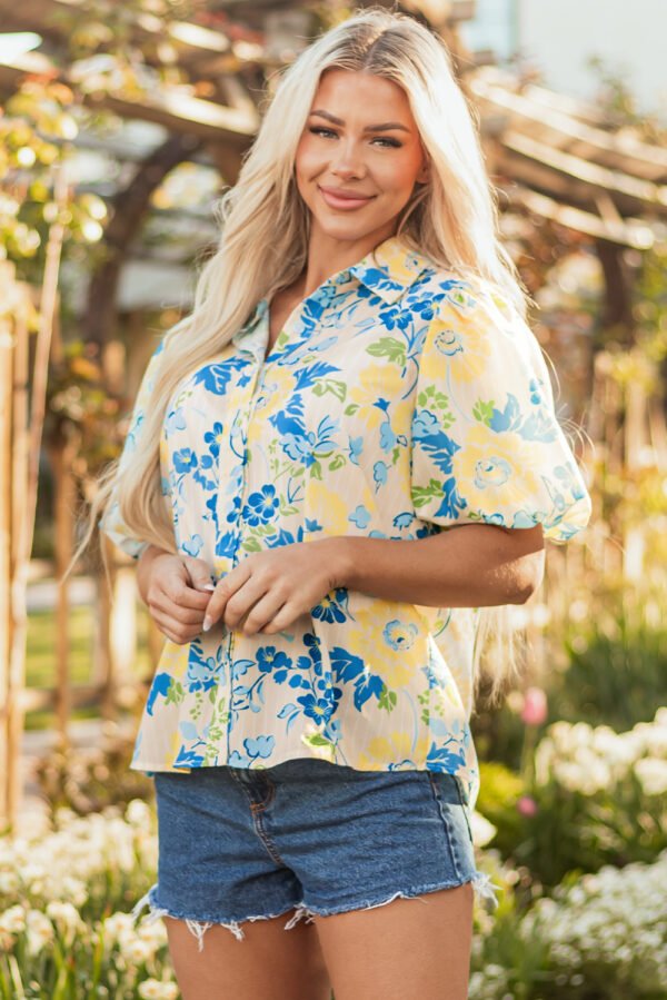 Blue Floral Striped Mixed Print Puff Short Sleeve Blouse