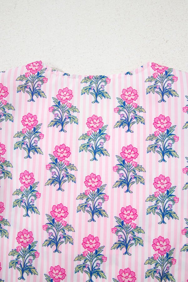 Rose Floral Striped Print Contrast Patchwork Ruffle Hem Blouse