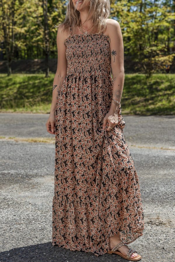 Brown Floral Smocked Bodice High Waist Flowy Sun Dress