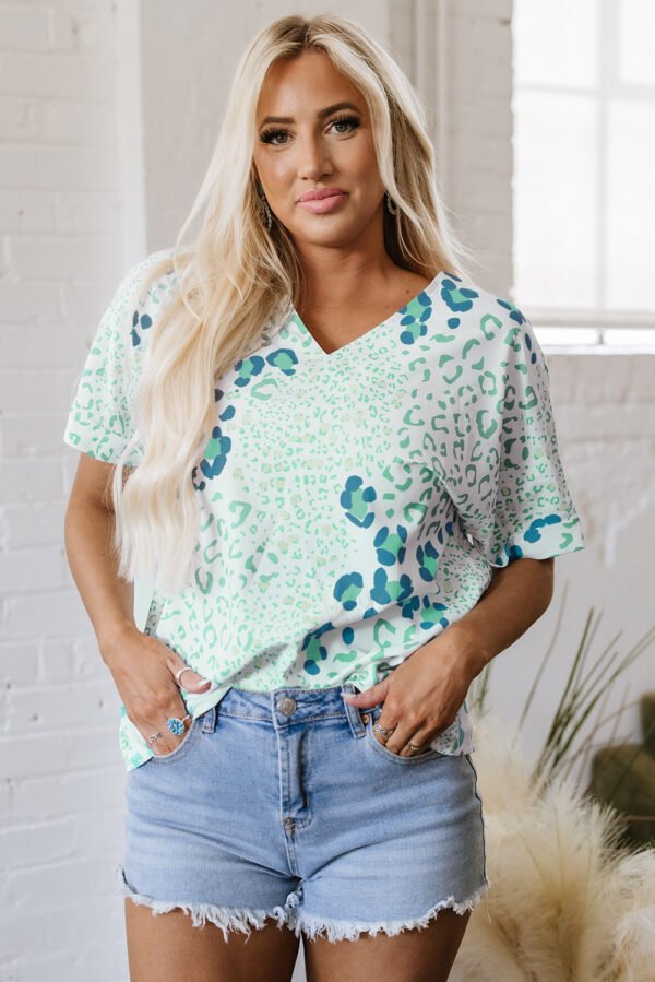 Green Mixed Leopard Print V Neck Short Sleeve Blouse