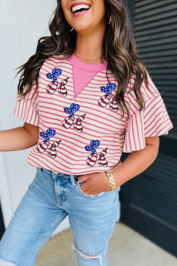 Sachet Pink Striped Sequin USA Flag Inspire Balloon Dog Patched  Ruffled Short Sleeve Top