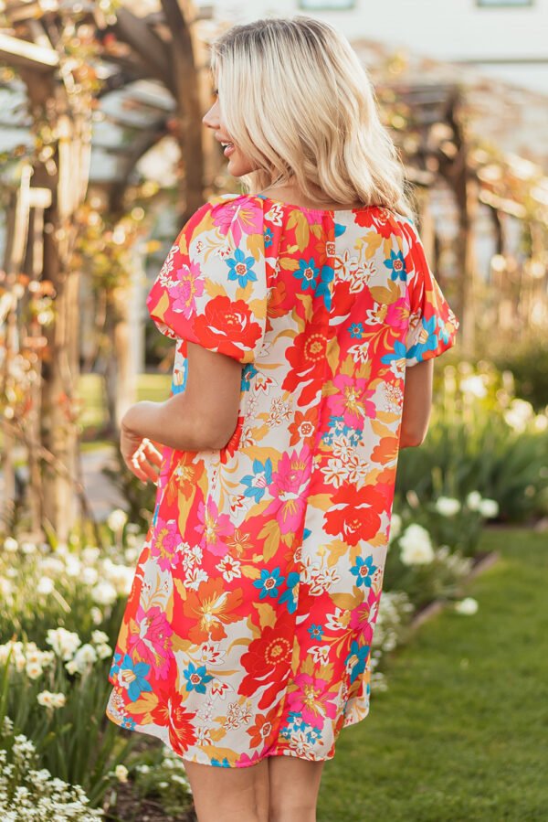 Pink Floral Print Bubble Short Sleeve Dress
