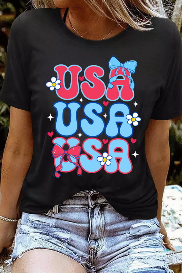 Black July 4th Cute Flower Bow USA Letter Graphic Tee