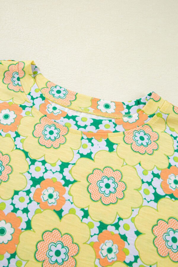 Yellow Summer Flower Printed Drop Shoulder Loose T Shirt