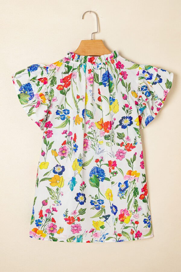 White Floral Print Ruffle Tiered Sleeve Split V Neck Blouse