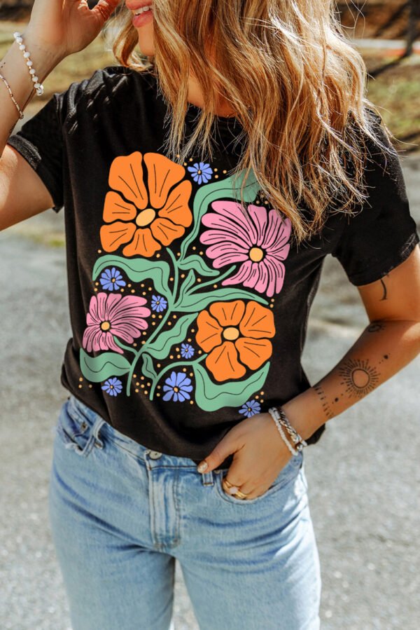 Black Colorful Flower Graphic Crewneck Summer Tee
