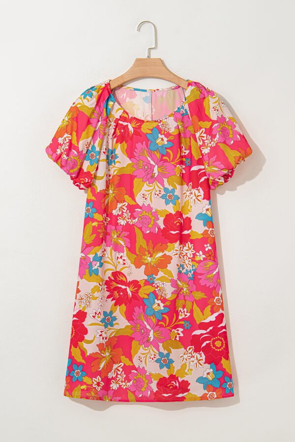 Pink Floral Print Bubble Short Sleeve Dress
