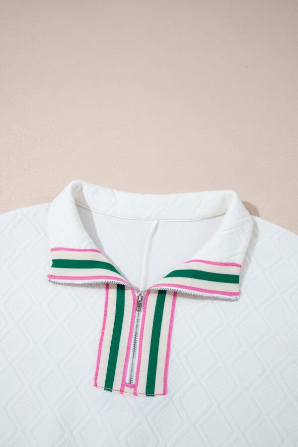 White Contrast Striped Collar Patchwork Textured Half Sleeve Blouse