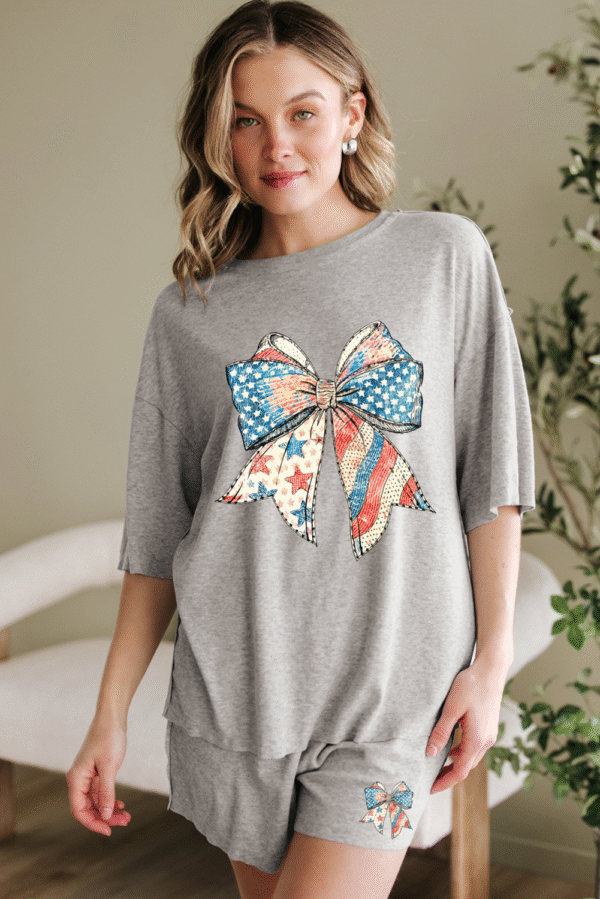 Gray USA Flag Bow Print Half Sleeve Tee and High Waist Shorts Set