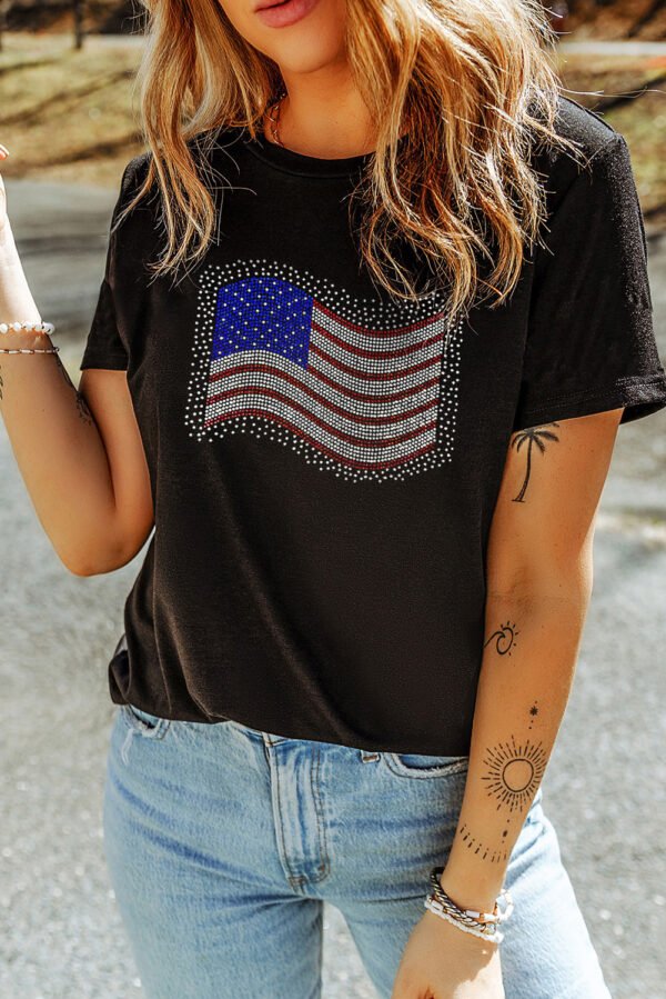 Black Rhinestone American Flag Casual Round Neck Tee