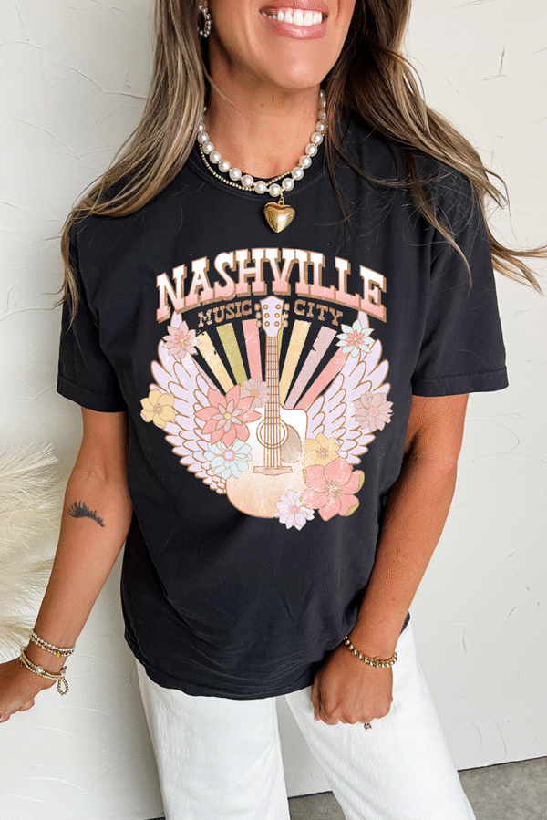 Black Nashville Music City Guitar Angel Wing Graphic Tee