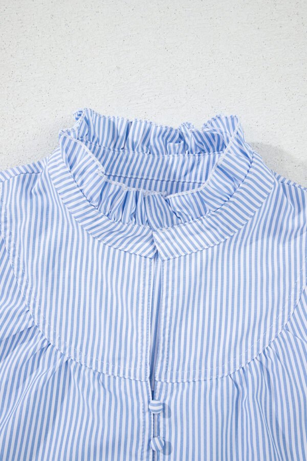 Sky Blue Stripe Ruffled Collar Puff Sleeve Half Buttons Blouse