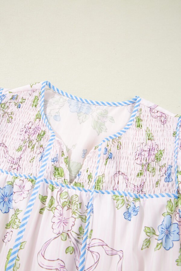Pink Floral Striped Print Contrast Trim Tie Split Neck Mini Dress