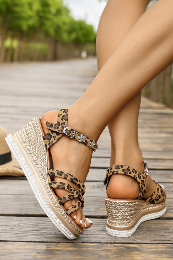 Chestnut Rhinestone Flower Decor Leopard Strappy Wedge Sandals