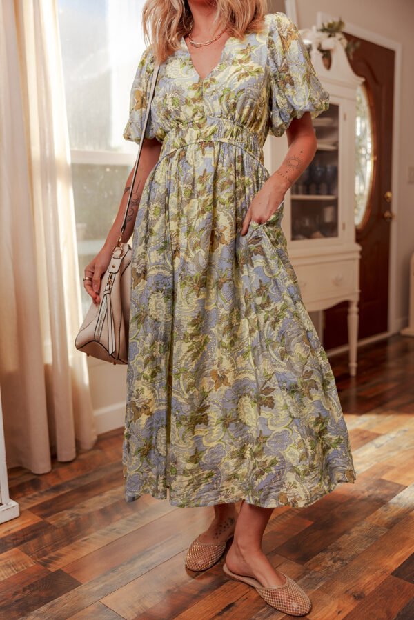 Multicolour Vintage Floral V Neck Short Puff Sleeve Long Dress